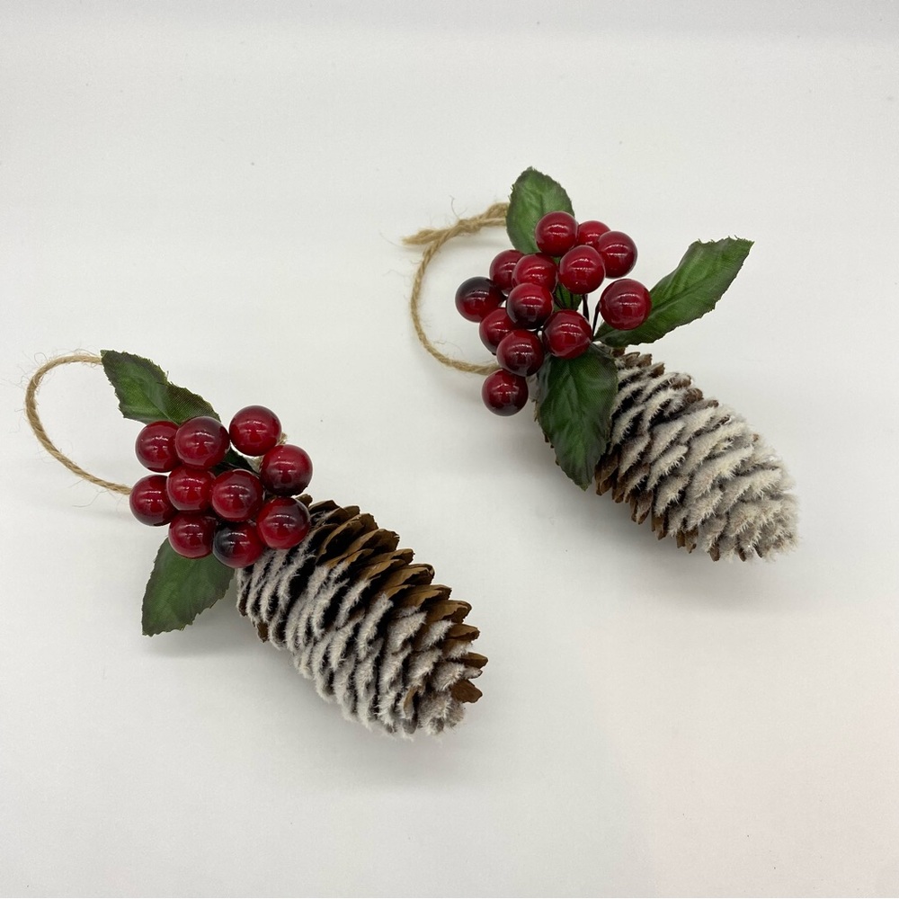 Festive Pine Cone and Berry Ornament Set of 2 Handmade